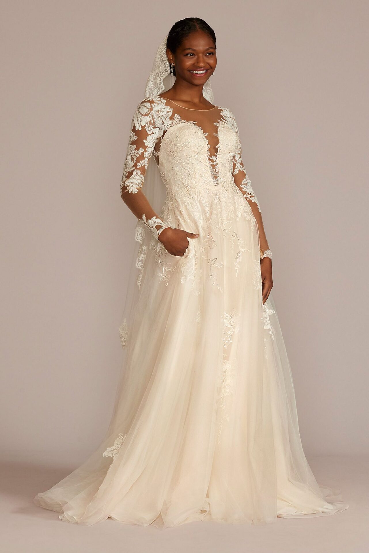 Illusion Button Back Lace Applique Wedding Gown CWG928