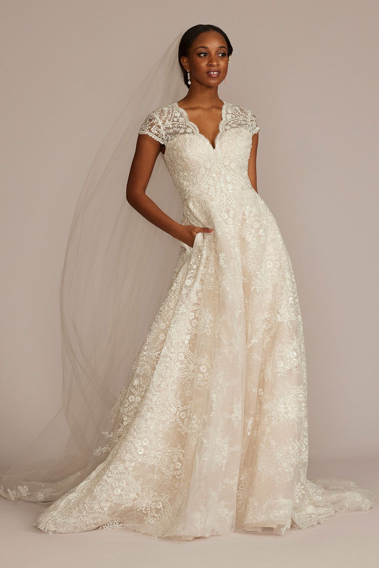 Scalloped Lace Cap Sleeve Tall Plus Wedding Dress CWG935