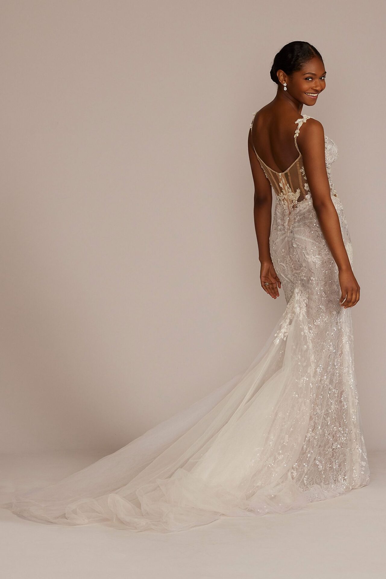 Open Back Sequin Wedding Gown with Lace Appliques SWG921