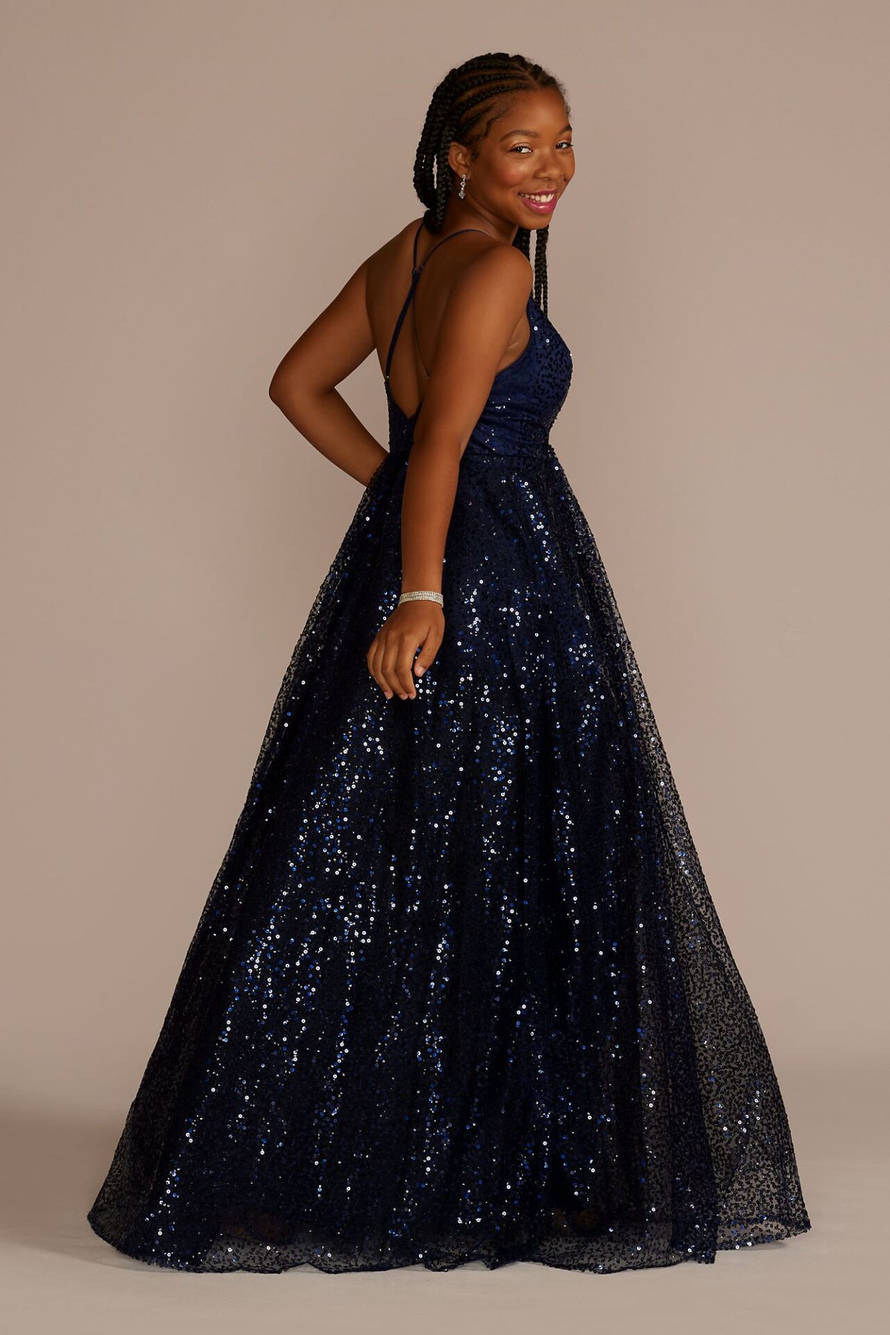 Illusion Plunge Allover Sequin Ball Gown WBM3385